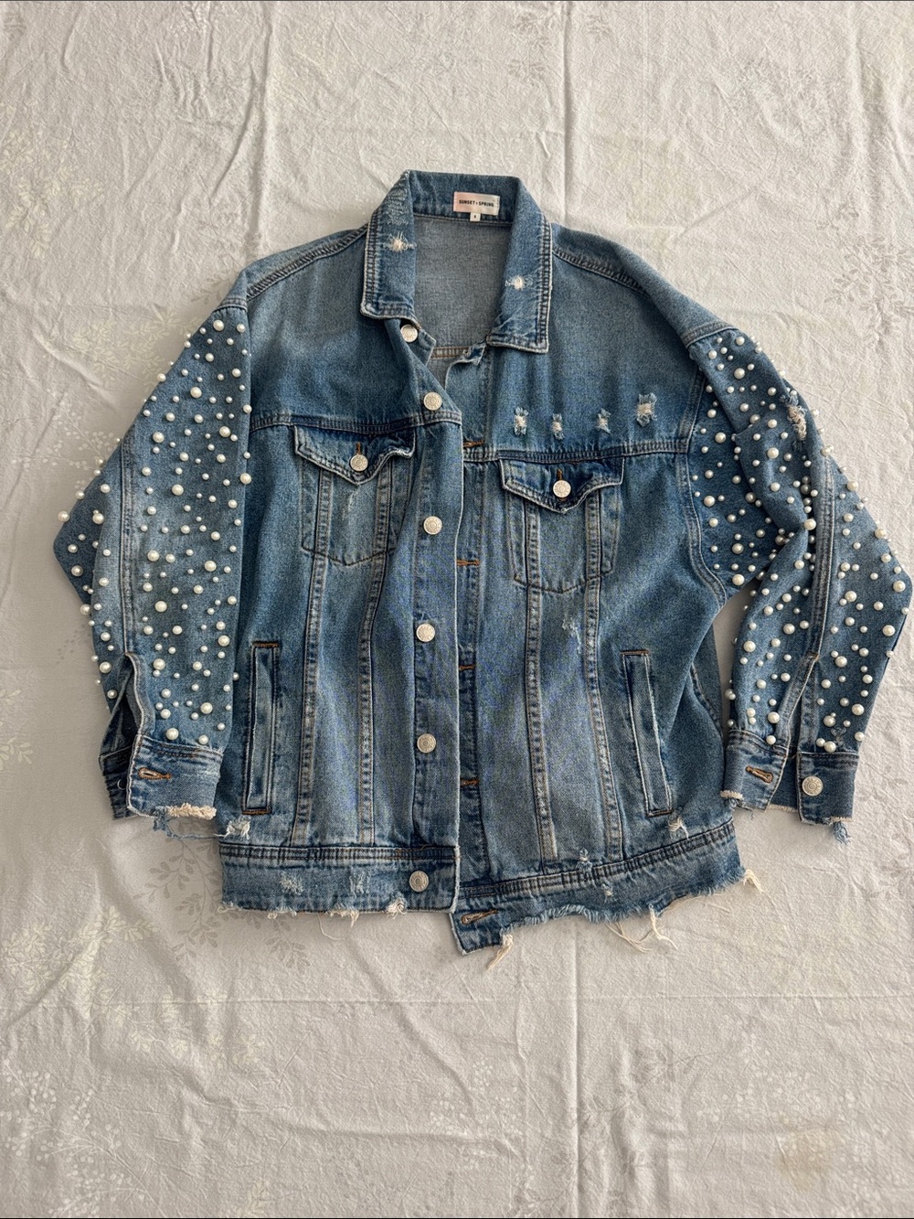 Pearl-Accent Blue Denim Jacket for Women